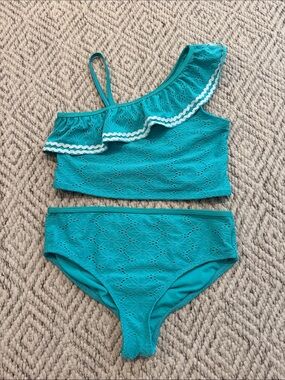 Girls Teal One-Shoulder Ruffle Swim Set